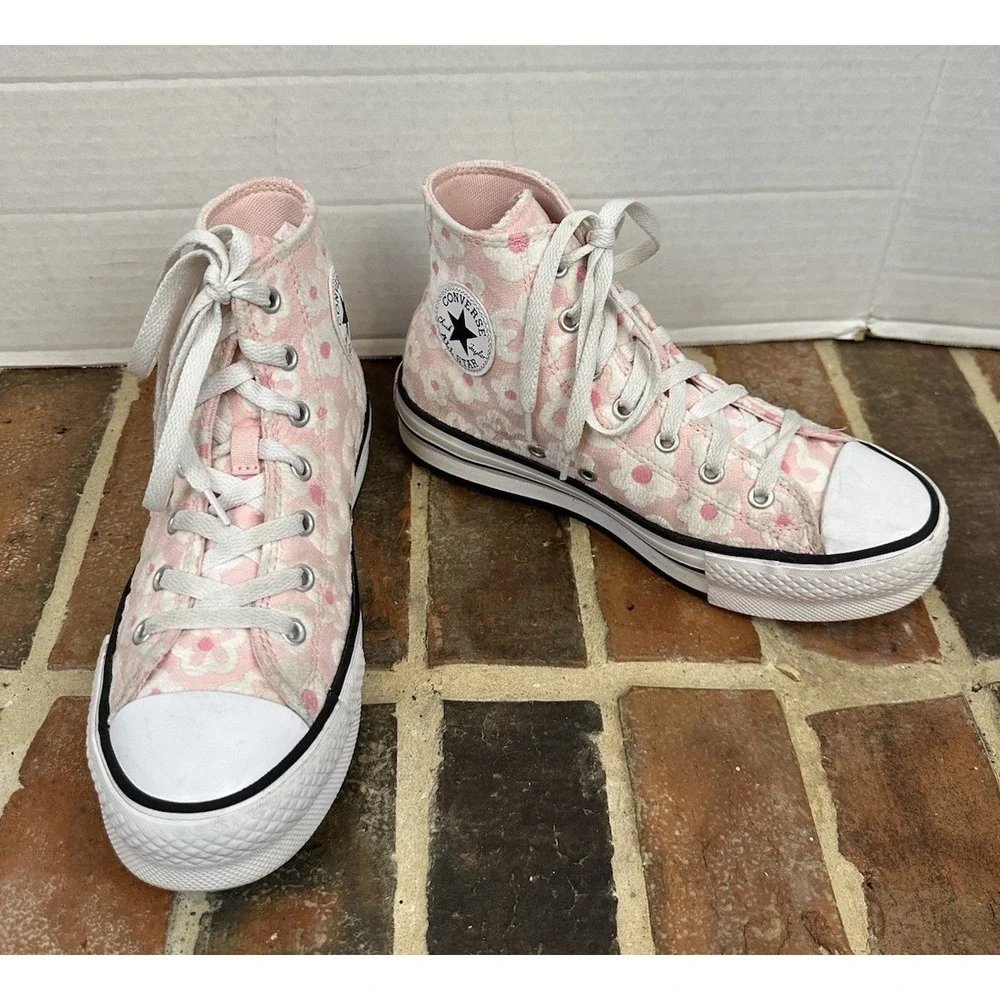 Converse Youth All Star Platform Sneakers High Top Pink White Flower Girls 4